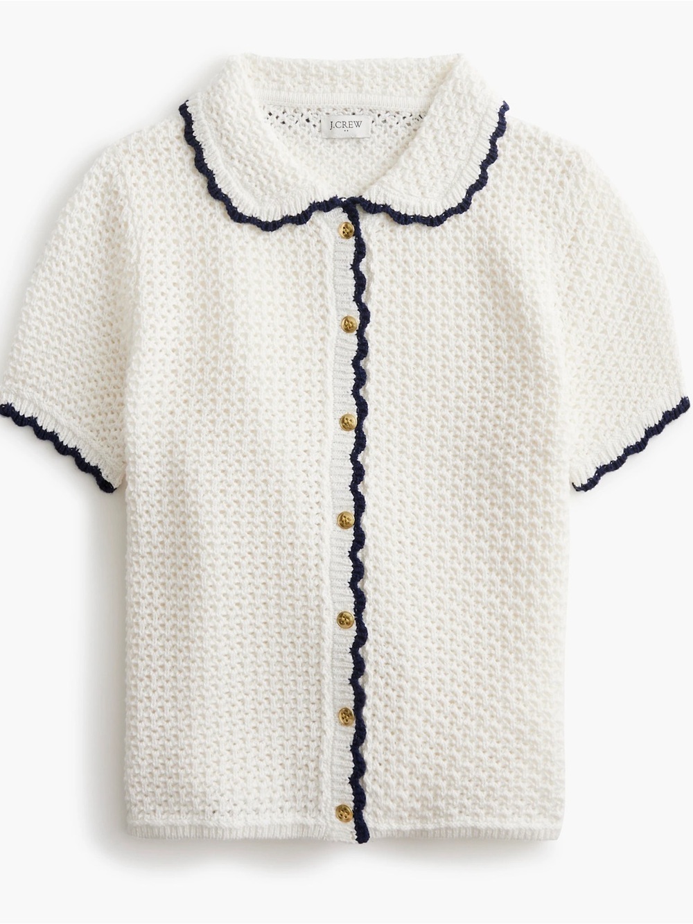 J.Crew Short-Sleeve Crochet Cardigan Sweater Ivory Navy NWT - Size S